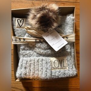 Rae Dunn Gray Knit Pom Beanie & Scarf Set - LOVE Patch